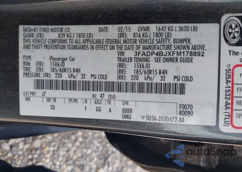 2015 Ford Fiesta Se from USA, damaged, VIN 3FADP4BJXFM178892